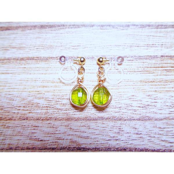 I1089GGGR-PE イヤリング 樹脂ノンホールピアス アレルギー対応 金アレ 天然石 ペリドッ...