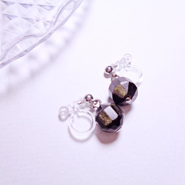 I2024SSBLK-ETC 樹脂ノンホールピアス 樹脂イヤリング 天然石　ゴールデンシーンオブシデ...