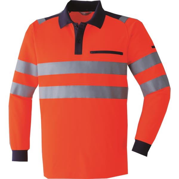 ASAHICHO 高視認長袖ポロシャツ E785 蛍光オレンジ(高視認タイプ)CLASS 2認定 ス...
