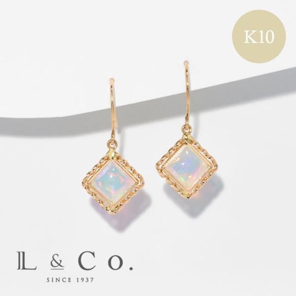 ピアス K10 イエローゴールド オパール スクエア 四角 カボション 揺れる フック 10金 宝石...