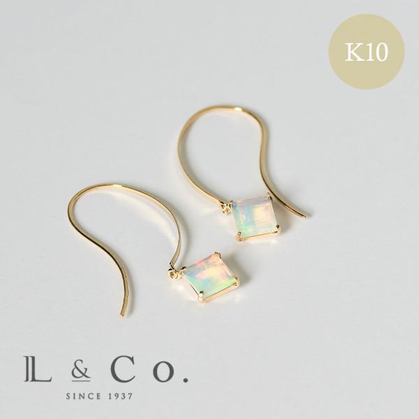 ピアス K10 イエローゴールド オパール スクエア 揺れる フック 10金 宝石 パステルカラー ...