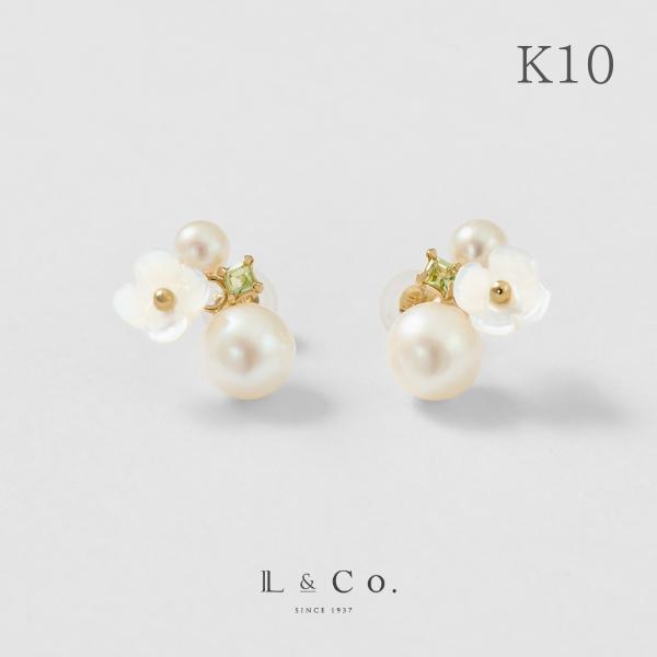 K10  ピアス  フラワーシェル  淡水パール パール 真珠 ペリドット 大人 ギフト L&amp;Co....