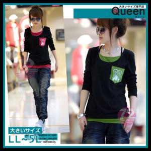 大きいサイズの服 レディース Ｔシャツ 重ね着風 カットソー 長袖 ポケット プリントtシャツ 春夏 秋 LL 3L 4L 5L