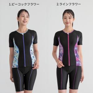フィットネス水着 プリント 半袖 袖付き レデ...の詳細画像1