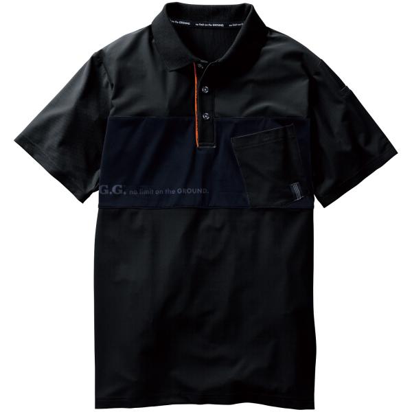 桑和 G.GROUND メンズ 半袖ポロシャツ ブラック 7345-51 胸ポケット付き ストレッチ...