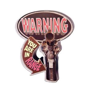 エンボス メタルサイン "WARNING YOU ARE IN RANGE" 警告 あなたは射程範囲にいます 縦49cm×横40cm ■ 銃 ピストル インテリア 雑貨 壁掛け おしゃれ 看板｜labline