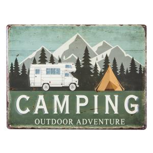 エンボス メタルサイン "CAMPING OUTDOOR ADVENTURE" 30cm×40cm ■ アンティーク調 キャンピング アウトドア アドベンチャー キャンプ ブリキ看板 プレート｜labline