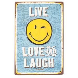 エンボス メタルサイン "LIVE LOVE AND LAUGH" ライブ ラブアンドラフ スマイリーフェイス 縦30cm×横20cm ■ 壁掛け サイン ショップ ガレージ ブリキ看板｜labline