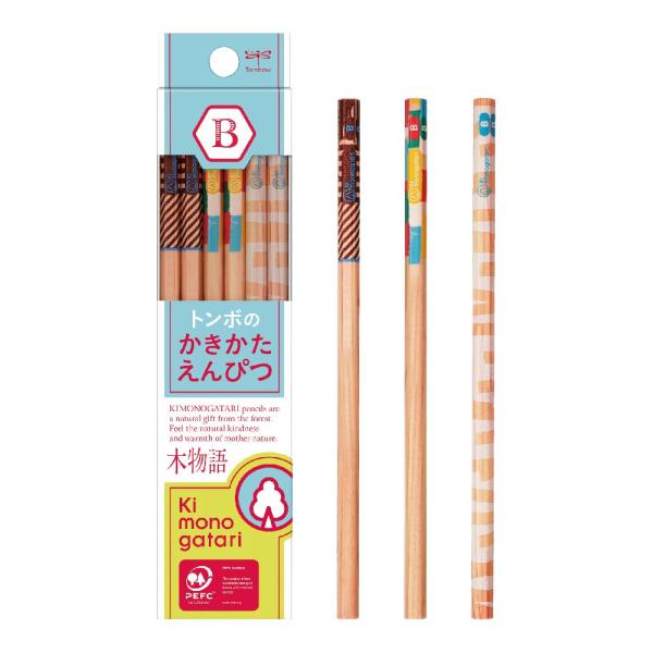 トンボ鉛筆 かきかた鉛筆 B (3種のデザイン) 木物語 水色柄 1ダース KB-KF01-B
