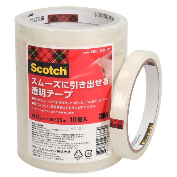 3M スコッチ スムーズに引き出せる透明テープ 12mm x 35m 10巻パック 600-3-12...