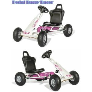 レースで争いたいならこの１台 ４輪ゴーカート ホワイト×ピンクパープル ハンドブレーキ仕様 お子様の成長に合わせてシート調整可能 四輪車ペダルカー 足こぎバ