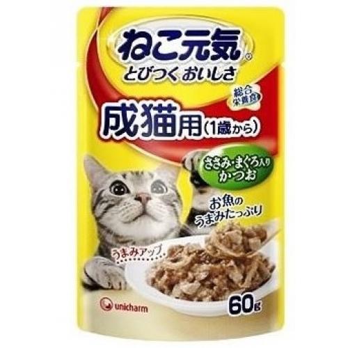 ねこ元気パウチ成猫用　ささみまぐろ入りかつお　60g