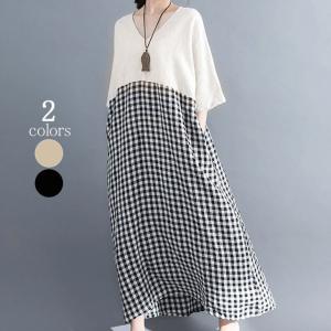 ゆったりワンピース ワンピース レディース Ｖネック マキシ丈 チェック  【821-ffa003】【即納&amp;予約：15-20日】【送料無料】メ込
