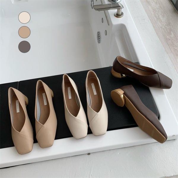 スクエアトゥ パンプス ローヒール 太ヒール 靴 チャンキーヒール   韓国ファッション【al887...