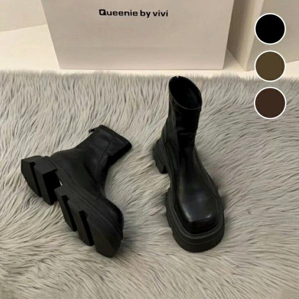 厚底ブーツ ショート ストレッチ スクエアトゥ 美脚 脚長効果 歩きやすい  【ash310-039...