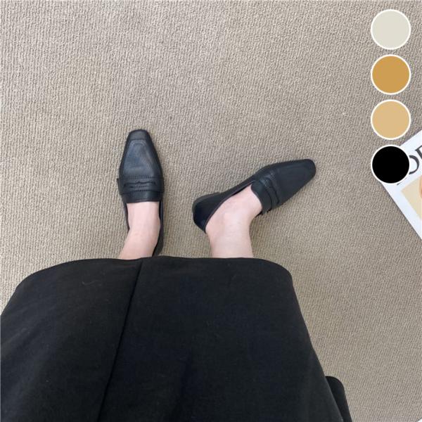 パンプス ローヒール フラットシューズ スクエアトゥ 歩きやすい シンプル 【ash409-001】...