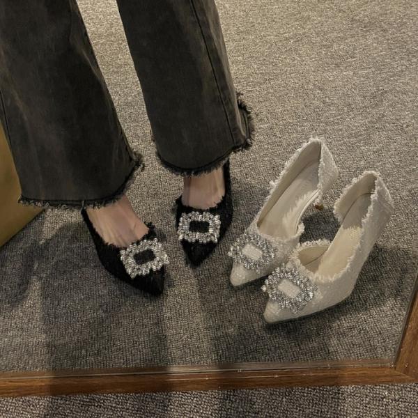 ツイード パンプス スクエアビジュー ポインテッド トゥ 卒入 オケージョン  【ash602-00...