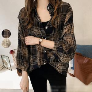 ブリットチェック シャツ レディース 秋 カジュアル ゆったり 長袖 チェック柄シャツ ブラウス  【lgtp-af9014】【予約：15-20日】【送料無料】メ込