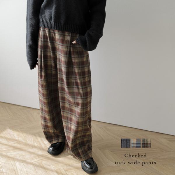 パンツ ボトムス タックワイドパンツ チェック ネル こなれ感 体型カバー  【lsbtaw25-1...