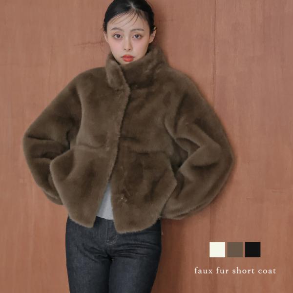 スタンドネック フェイクファー ショート丈 コート アウター クリップ式 留め具  【lsoaw25...