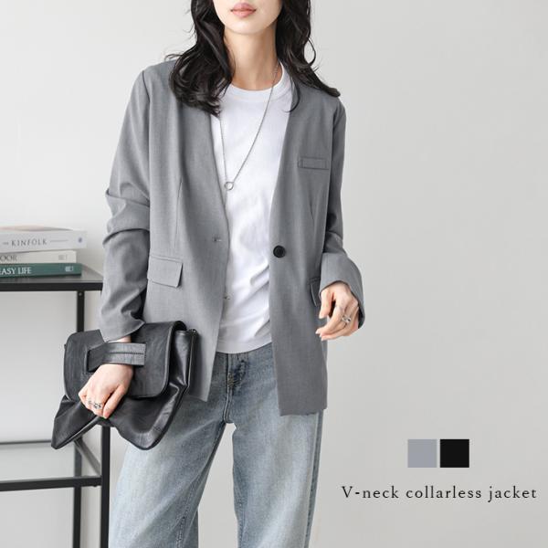 Vネック ノーカラー ジャケット 長袖 オフィス 羽織り アウター  2025春夏新作【lsptss...