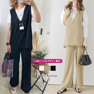 Vネックセットアップセットアイテムフレアレディースおすすめおしゃれヤ込1