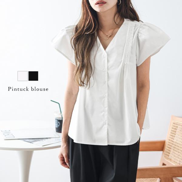 ピンタック ブラウス ギャザー フレアスリーブ シャツ Vネック キレイめ  2025春夏新作【ls...