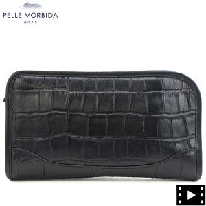 ペッレモルビダ バッグ メイデンボヤージュ クロコ型押し シュリンクレザー クラッチバッグ PELLE MORBIDA MAIDEN VOYAGE PMO-MB035AELE PMO BLACK｜laglagmarket