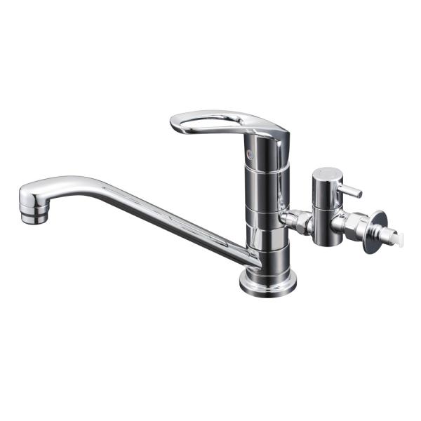 KVK 流し台用取付穴兼用シングルレバー式混合栓  分岐孔付(給水・給湯)とめるゾウ付 寒冷地仕様 ...