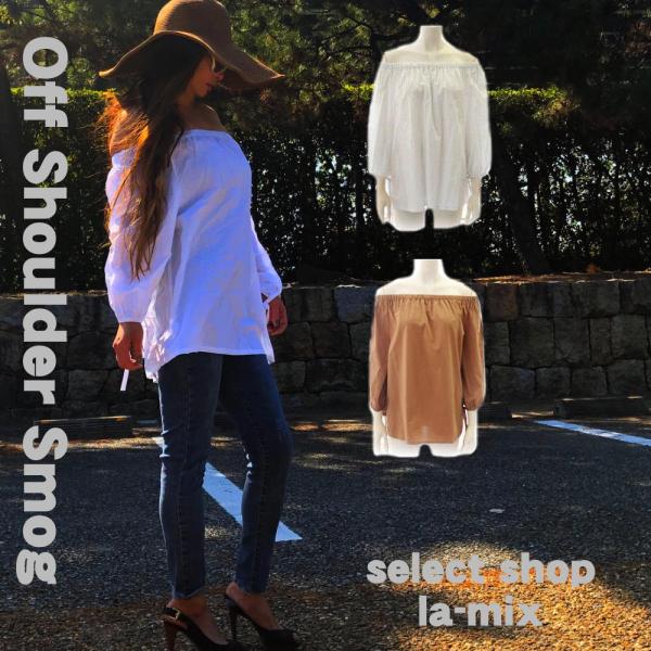 袖リボン　オフショルダー　無地　スモッグ　ブラウスone1241  クリックポスト配送