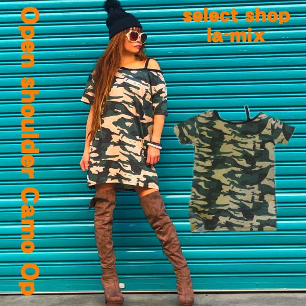 【送料無料】カモフラ柄　肩あき　半袖　Tシャツ　チュニック