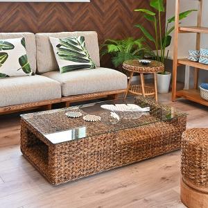 ローテーブル 幅120cm ガラス天板 ハワイアンリゾート風 バナナリーフ