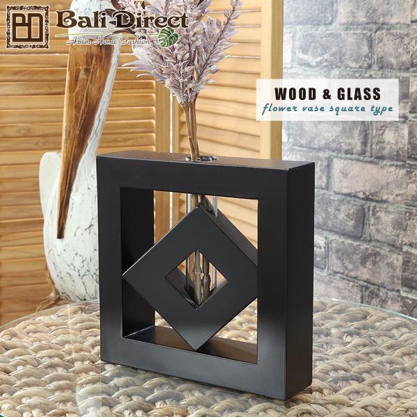 アウトレット バリ雑貨 アジアン雑貨  木製花瓶 ウッド フラワーベース スクエアタイプ 一輪挿し ...