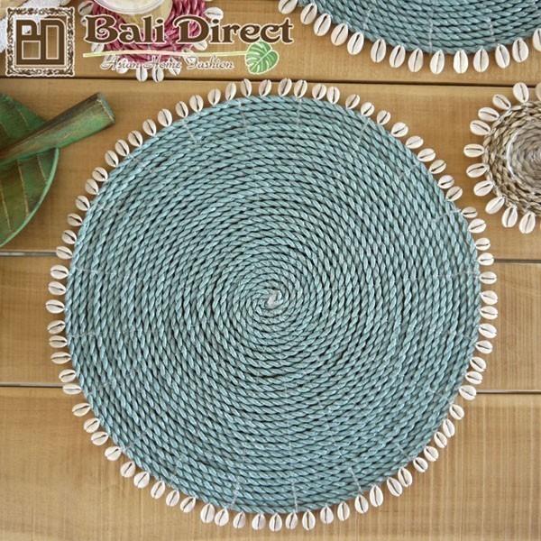 アジアン雑貨 バリ ランチョンマット 1枚 丸型 おしゃれ ライトブルー 水色 Z190803F【爆...