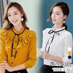 シャツ　レディース　ブラウス　リボン　結び　カジュアル　シフォンシャツ