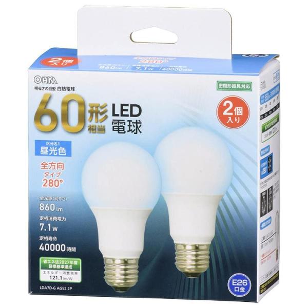 オーム電機 LED電球 E26 60形相当 昼光色 全方向 2個入 LDA7D-G AG52 2P ...