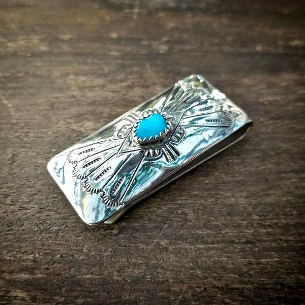インディアンジュエリー マネークリップ　ターコイズ　シルバー925 一点物 Indian jewel...