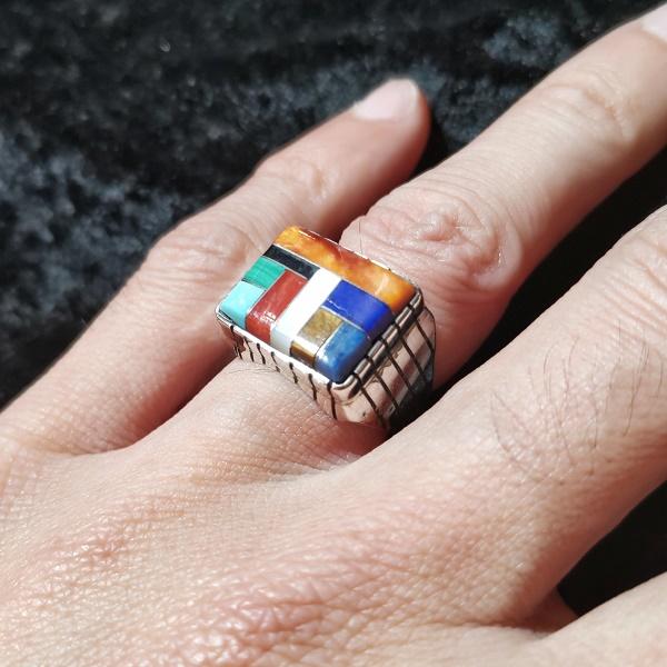 インディアンジュエリー  リング インレイ スクエア　シルバー925 ホールマーク 一点物 Indi...