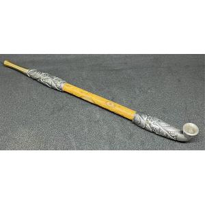 銀煙管肉彫口金波 【喫煙具・きせる】の詳細画像1