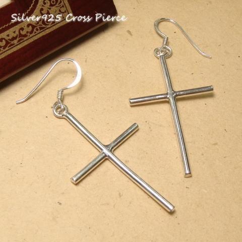 シルバーピアス フックピアス 円柱 クロス 十字架 シンプル シルバー925 mens