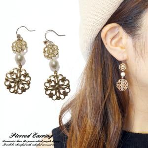 ピアス ドロップ 雫型 しずく 透かしパーツ フラワー 花 カラフル