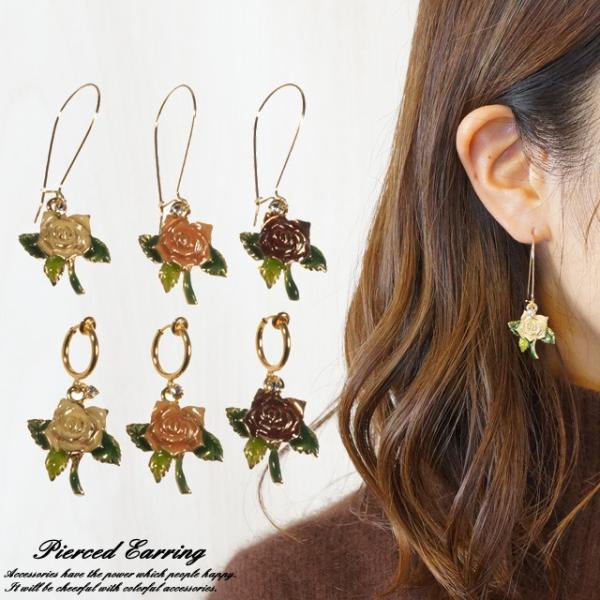 ピアス イヤリング 花 フラワー 薔薇 バラ ローズ クラシカル ゴールド 金メッキ フックピアス ...