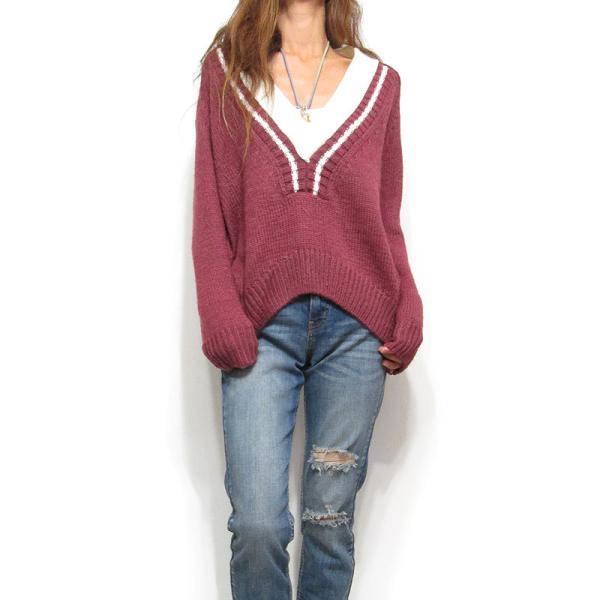 Knit189 ディープVネック　ルーズフィット　カレッジ　セーター