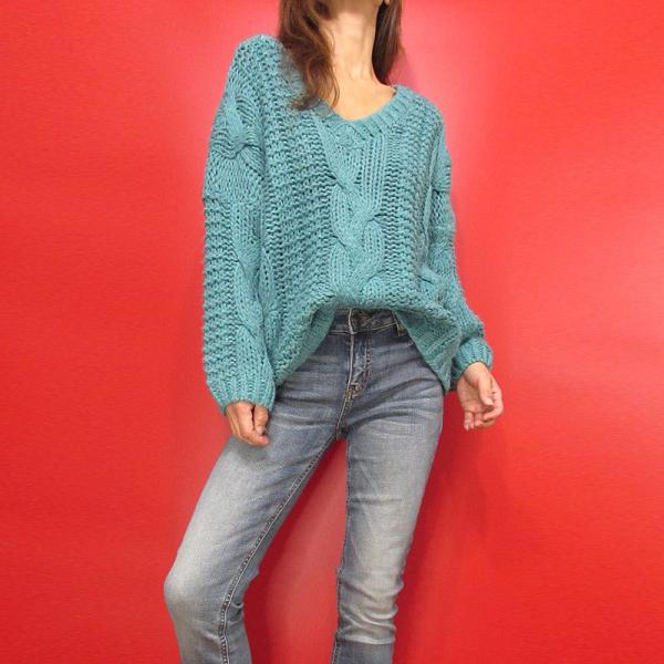 Knit220 ドロップショルダー　Vネック　ケーブルニット　セーター