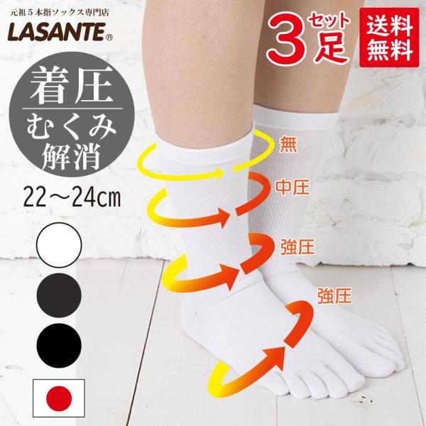 送料当社負担 5本指ソックス 22-24cm 3足セット 段階着圧設計 クルー丈 日本製 ナースソッ...