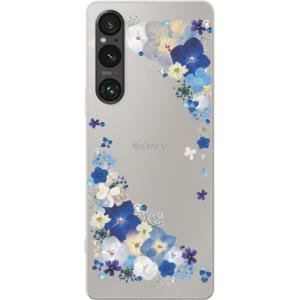 Xperia 1 V ケース SO-51D SOG10 エクスペリア1 5 カバー ラインストーン かわいい フラワー 花柄 らふら 押し花風 ビビットブルーフラワー 名入れなし｜laugh-life