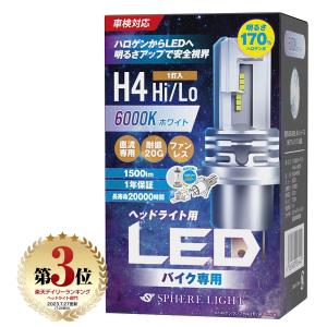 【1年保証】 スフィアライト バイク用LEDヘッドライト H4 Hi/Lo 6000K/ホワイト1500lm 直流車専用 SLASH4B060 SPHERELIGHT 交換用バルブ 二輪 バイク カスタム