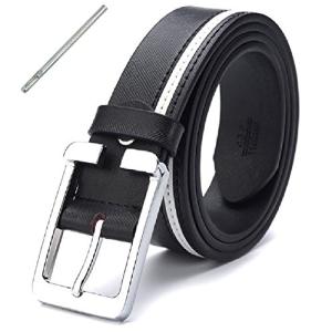 ベルト 革 レザー メンズ サイズ調整可能 ライン入り カジュアル ゴルフ スポーツ ブラック