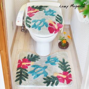 トイレマットセット 2点 おしゃれ ワイド 安い 大判 花柄 ふかふか モダン トイレマット セット ハワイ｜lazymagnolia