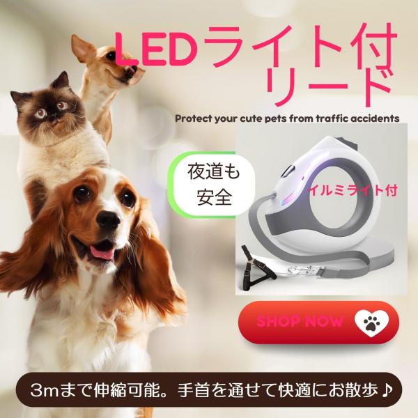 ライト付きリード 犬用リード 懐中電灯付リード LEDライト USB充電式 光るリード 伸縮式 夜間...
